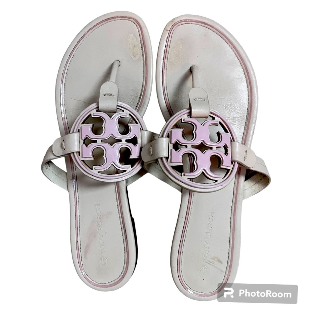 Tory Burch Miller Double Plaque Round Logo Pink/Tan Leather Sandals Women’s 8.5